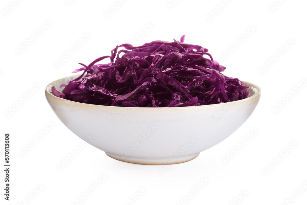 Bowl with tasty red cabbage sauerkraut isolated on white Bowl with tasty red cabbage sauerkraut isolated on white