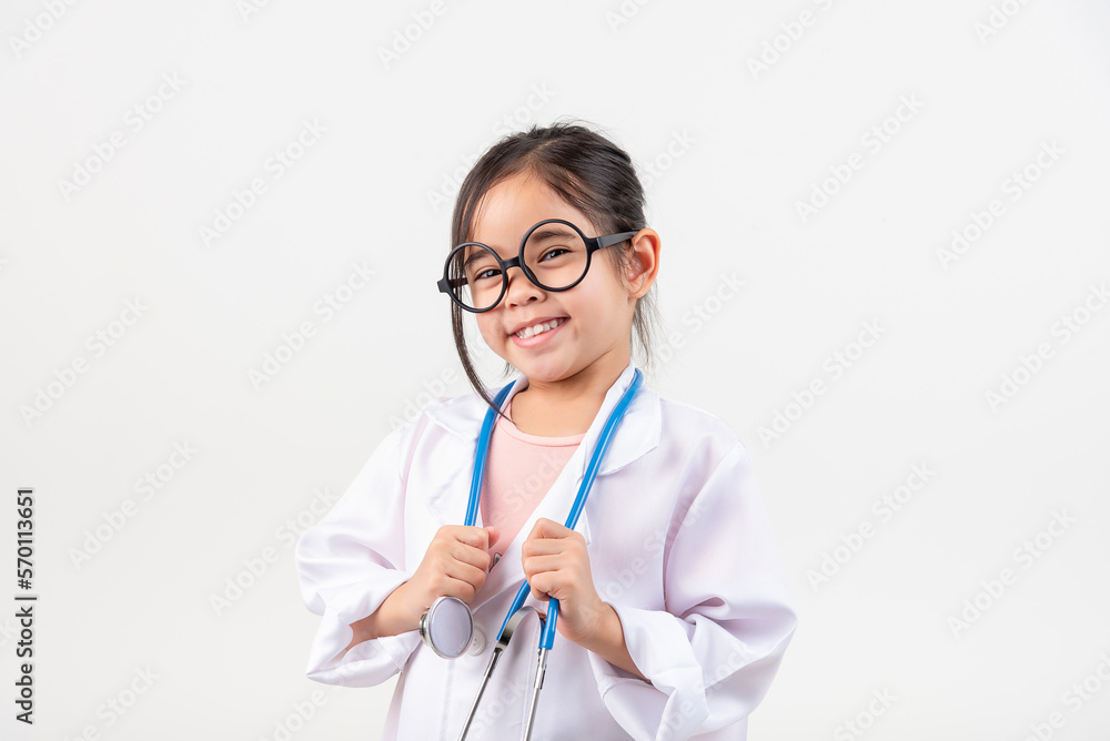 Asia little girl playing doctor isolated on white Asia little girl playing doctor isolated on white