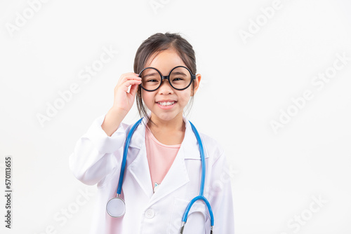 Asia little girl playing doctor isolated on white