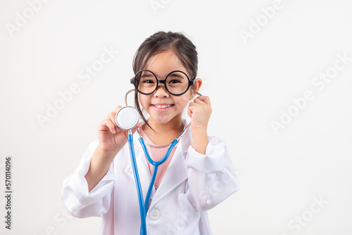 Asia little girl playing doctor isolated on white