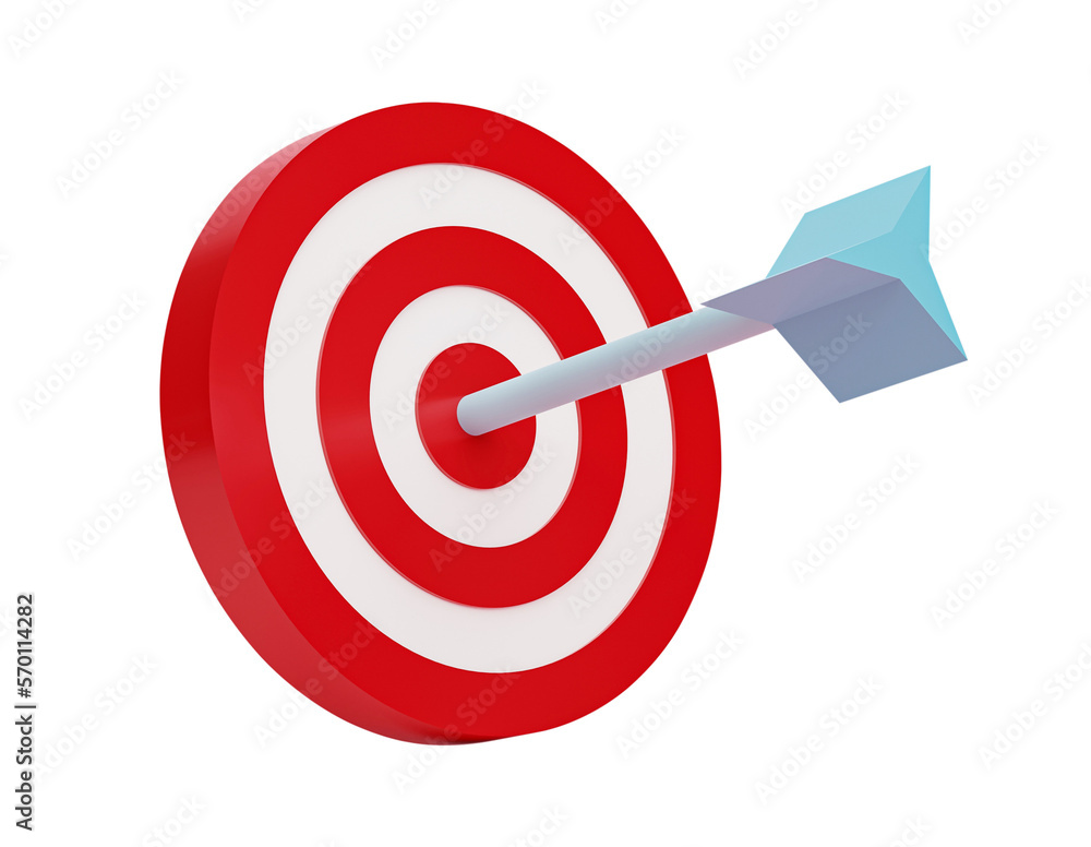 3d render, Arrow hit the center of target or goal of success isolated on transparent background