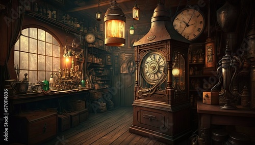 Inside a steampunk antique store generative ai 