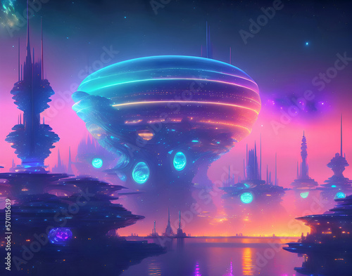 Fluorescent luminescent city located on the edge of the Galaxy. Town lights luminating sky. Generative AI