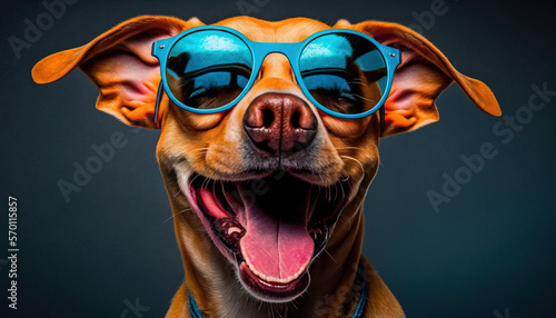 Dog wearing sunglasses with its tongue out. Fun animal. Generative AI. © Kai Alves