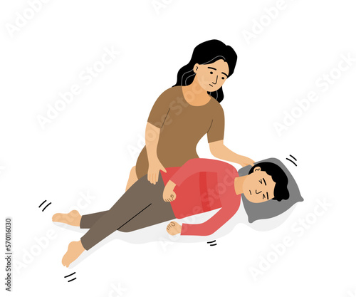 Isolated of a child boy with epileptic seizures and mother with pillow on his head, Hand draw flat vector epilepsy illustration.