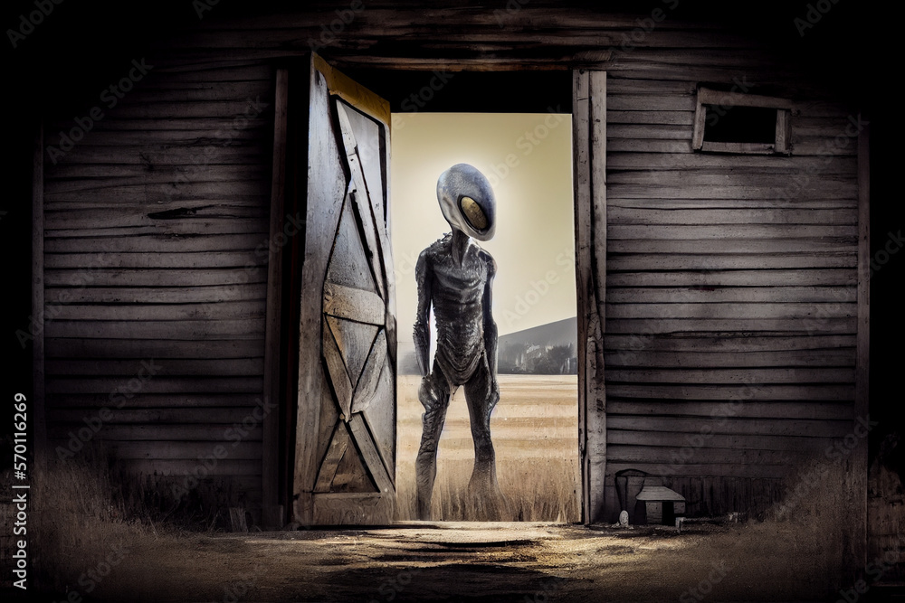 Alien from space looking in the door of a garage in a rural area. Alien from space looking in the door of a garage in a rural area.