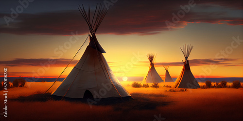 Indigenous encampment on the open prairies of North America. Generative AI.