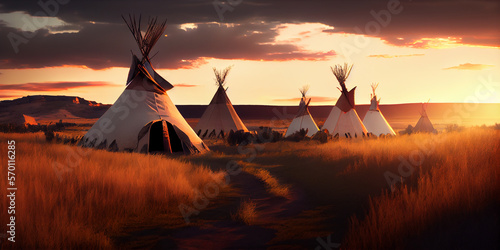 Indigenous encampment on the open prairies of North America. Generative AI.