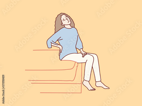 Standing Woman female hands touching back pain backache side of bed simple korean style illustration