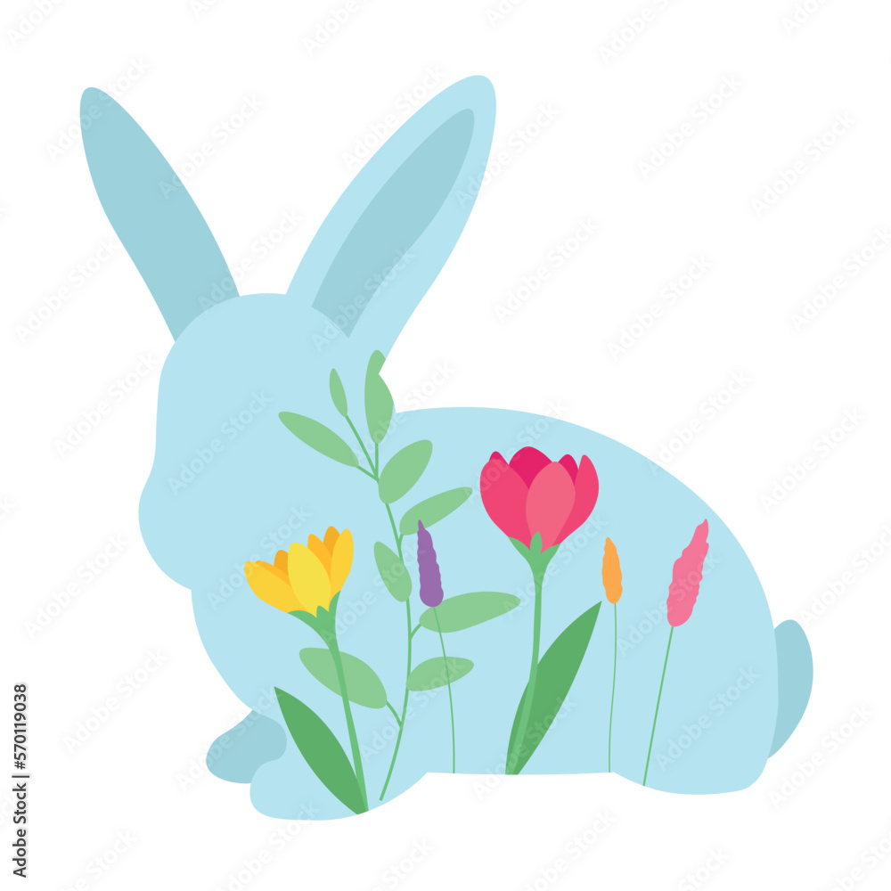 Cute Easter bunny with spring flowers on white background Cute Easter bunny with spring flowers on white background