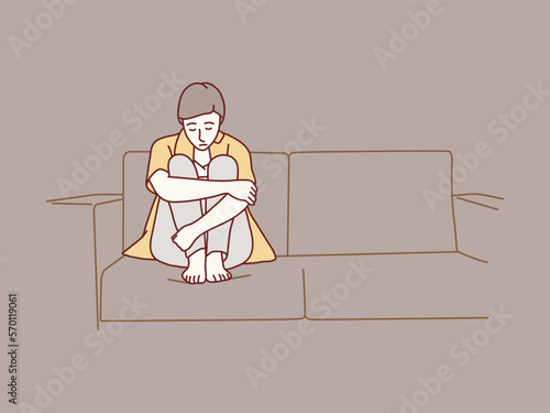 sad woman hugging her knees and crying on corner of sofa simple korean style illustration