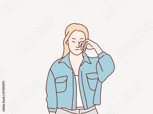 Young woman bad mood sad her cry wipe tears with fingers simple korean style illustration