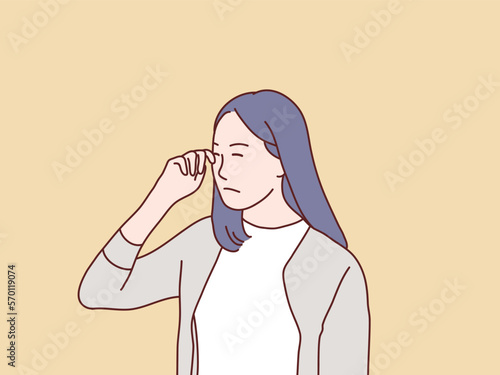 Young woman so sad her cry wipe tears with fingers simple korean style illustration