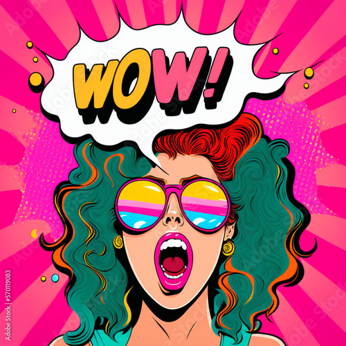 pop art concept - Surprised woman with pink curly hair and open mouth holding sunglasses in her hand with WOW inscription in reflection. Vector colorful background in pop art retro comic style. 
