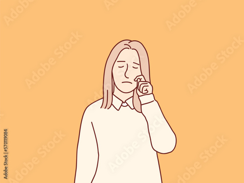 Young woman sad her cry wipe tears with fingers simple korean style illustration
