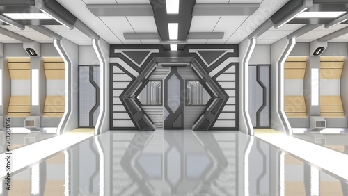 futuristic Corridor with door on spaceship  sci-fi spaceship interior. Metal wall background. 3d renders