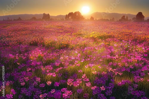 Huge field of flowers blooming in the spring at sunrise generative ai 