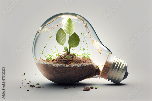 Growing inside a lightbulb are small plants. Sprouts inside a light bulb. Energy concept based on green technologies. Generative AI