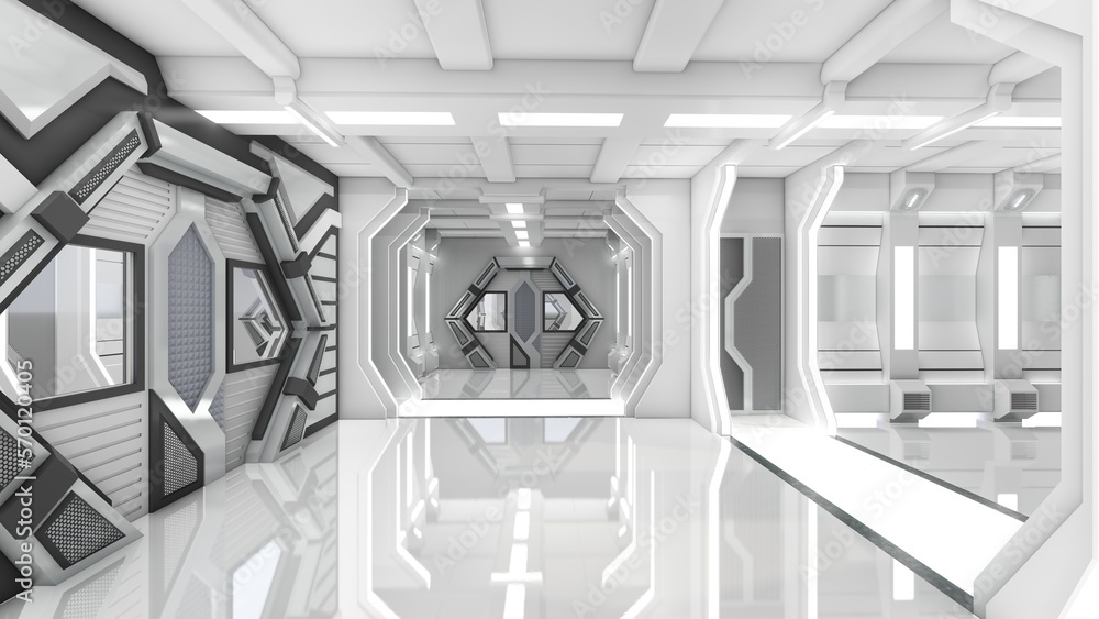 Fototapeta premium Futuristic white corridor with door in spaceship, sci-fi spaceship interior. 3d rendering