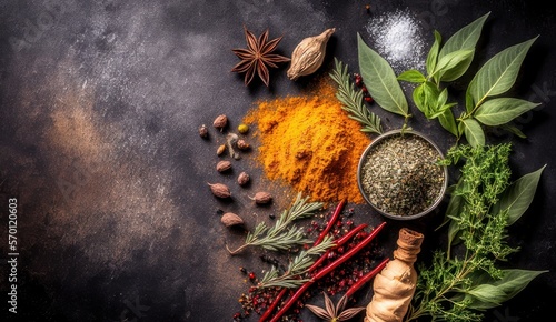 Set of various spices on black rustic background. Healthy food concept.  Top view with copy space. 