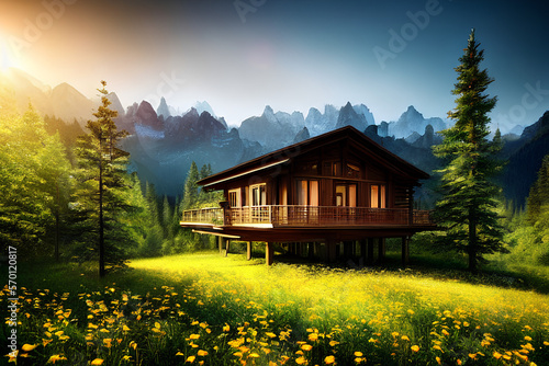 beautiful wooden cabin in the countryside, Generative Ai