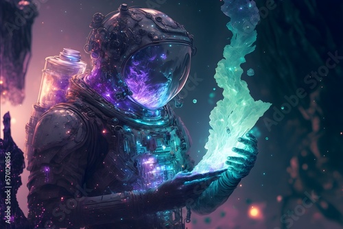 Astronaut being ressurected with a fantasy alchemy ritual. colorful galaxy photo