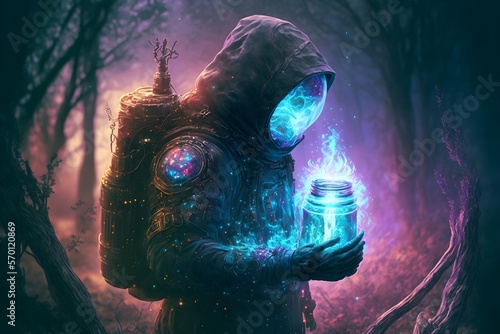 Astronaut being ressurected with a fantasy alchemy ritual. colorful galaxy photo