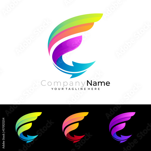 E logo and wing design colorful, simple icon template