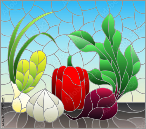 An illustration in the style of a stained glass window with a composition of ripe fresh vegetables on a table on a blue background