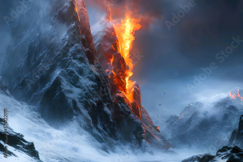 Burning Arctic glacier mountains art concept, image of mountains burning with snow covered outside