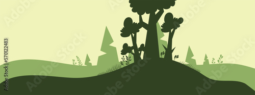 Forest landscape with trees and grass. Vector illustration in flat style.