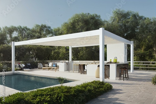Foto 3D render of white outdoor pergola on urban patio with jacuzzi and barbecue