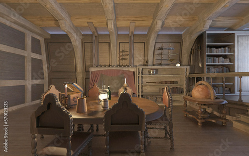 Old Pirate ship cabin interior 3d illustration