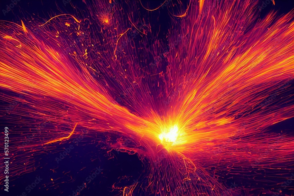 Burning red hot sparks fly from large fire in the night sky. Beautiful