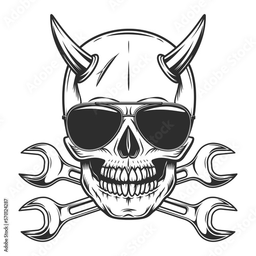 Skull in sunglasses with horns with body shop service car and truck mechanic repair tool crossed wrench or construction builder spanner illustration