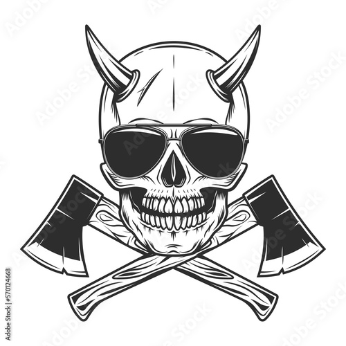 Skull in sunglasses with horns and wood lumberjack or construction builder axe in vintage monochrome style vector illustration