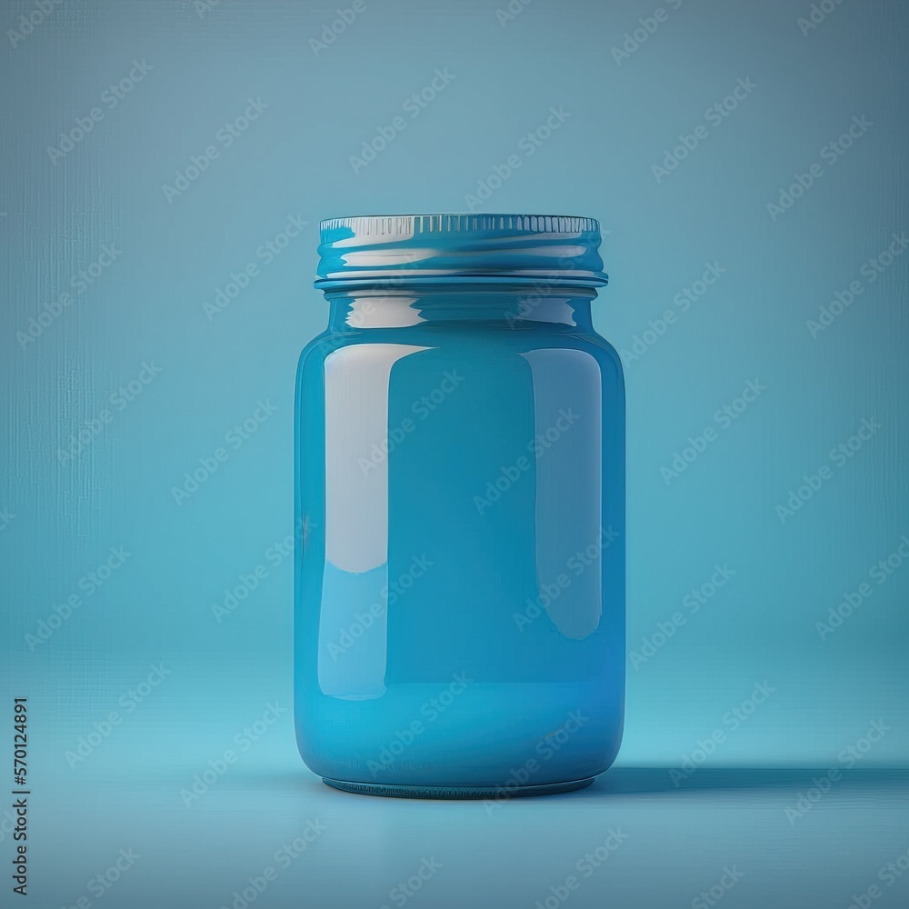 Simple blue glass jar on flat blue cyan background minimalist concept clean design generative ai Simple blue glass jar on flat blue cyan background minimalist concept clean design generative ai