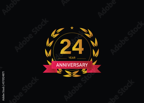 24 year anniversary celebration. Anniversary logo with ring and elegance golden color isolated on black background, vector design for celebration.