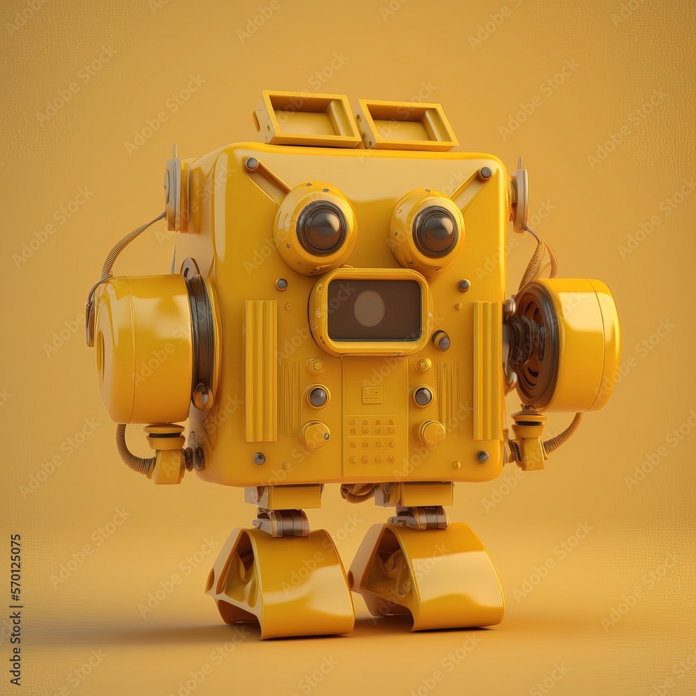 Yellow small robot on a Yellow empty flat Background, clean and minimalist Yellow small robot on a Yellow empty flat Background, clean and minimalist