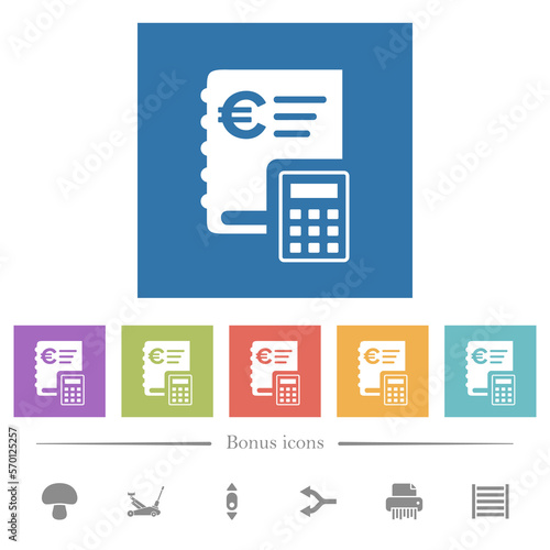 European Euro ledger flat white icons in square backgrounds