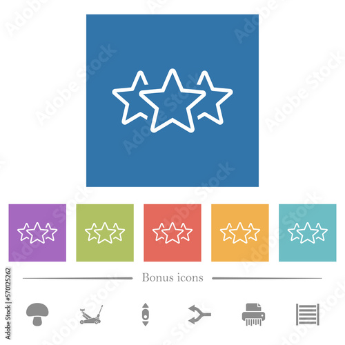 Three star rating outline flat white icons in square backgrounds