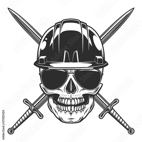 Builder skull in sunglasses with sword and hard hat helmet from new construction and remodeling house business vintage style illustration