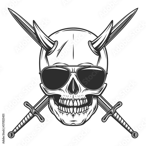 Skull in sunglasses with horns and knight crossed sword in vintage monochrome style vector illustration