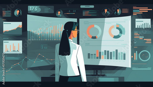 Illustration of Woman analyst analyzing data and creating insight reports on a business analytics dashboard containing KPIs, charts, and metrics Created by generative AI