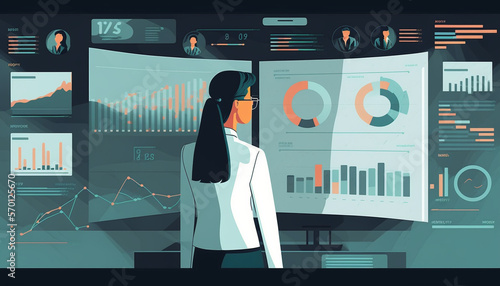 Illustration of Woman analyst analyzing data and creating insight reports on a business analytics dashboard containing KPIs, charts, and metrics Created by generative AI photo