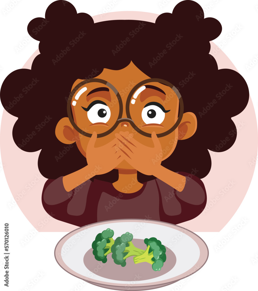 Picky Eater Hating Broccoli Covering her Mouth Vector Cartoon Illustration. Unhappy little girl refusing to have fresh nutritious vegetables 
