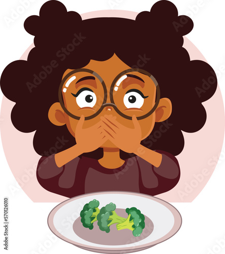 Picky Eater Hating Broccoli Covering her Mouth Vector Cartoon Illustration. Unhappy little girl refusing to have fresh nutritious vegetables 
