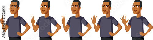Handsome Man Counting from One to Five Vector Cartoon Illustration. Young person trying to explain with countdown gestures making a point
