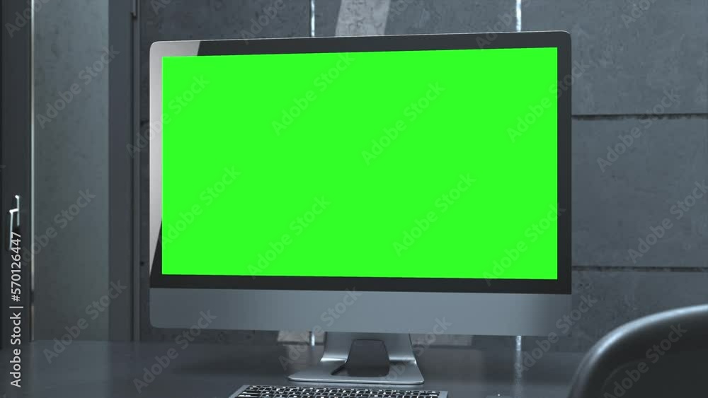 Computer Green screen Mock-Up on work desk in office dark room. Designed in minimal concept. Can be used in education or business background. Animation, 3D Render. Computer Green screen Mock-Up on work desk in office dark room. Designed in minimal concept. Can be used in education or business background. Animation, 3D Render.