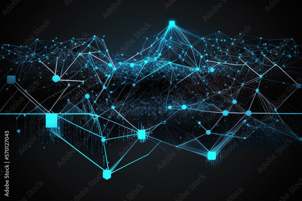Technology Network Background With Digital Transformation Conceptual and Geometrical Connection Concept. Black and Blue Background Minimalist. Generative AI.